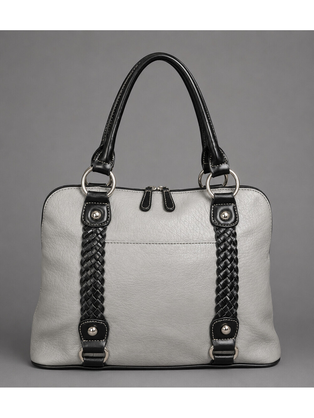 Gray Black Faux Leather Braided Satchel Shoulder Bag Tote Handbag Zip Purse